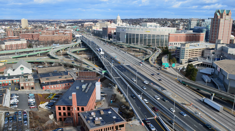 Aerial view of the southbound I-95 Providence Viaduct