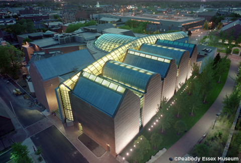 Aerial view of Peabody Essex Museum at night.