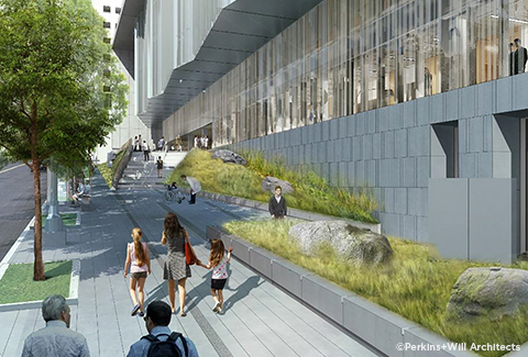 Artist’s rendering of people walking by exterior of modern medical center building.