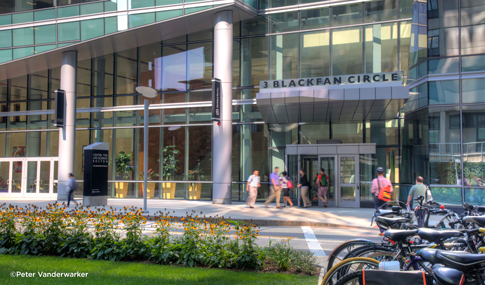 Visitors entering The Center for Life Science in Boston, Massachusetts.