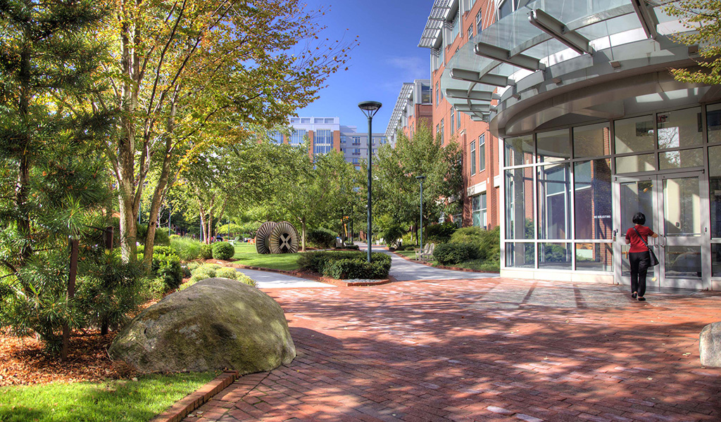 A visitor walks along a shaded path into one of the buildings in University Park.