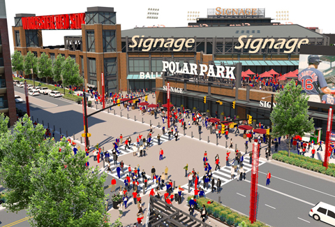 People cross to the stadium in this rendering of Worcester’s Polar Park.