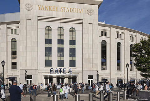 Visitors congregate outside of Yankee Stadium in New York.