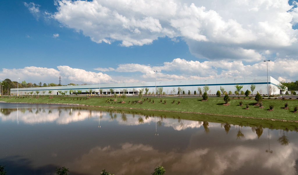 Clouds reflect on the lake in front of the Canon Technology Center in Newport News, Virginia. 