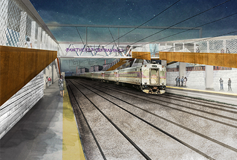 Architectural rendering of train at Pawtucket/Central Falls Commuter Rail Station