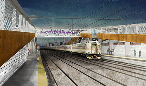 Architectural rendering of train at Pawtucket/Central Falls Commuter Rail Station