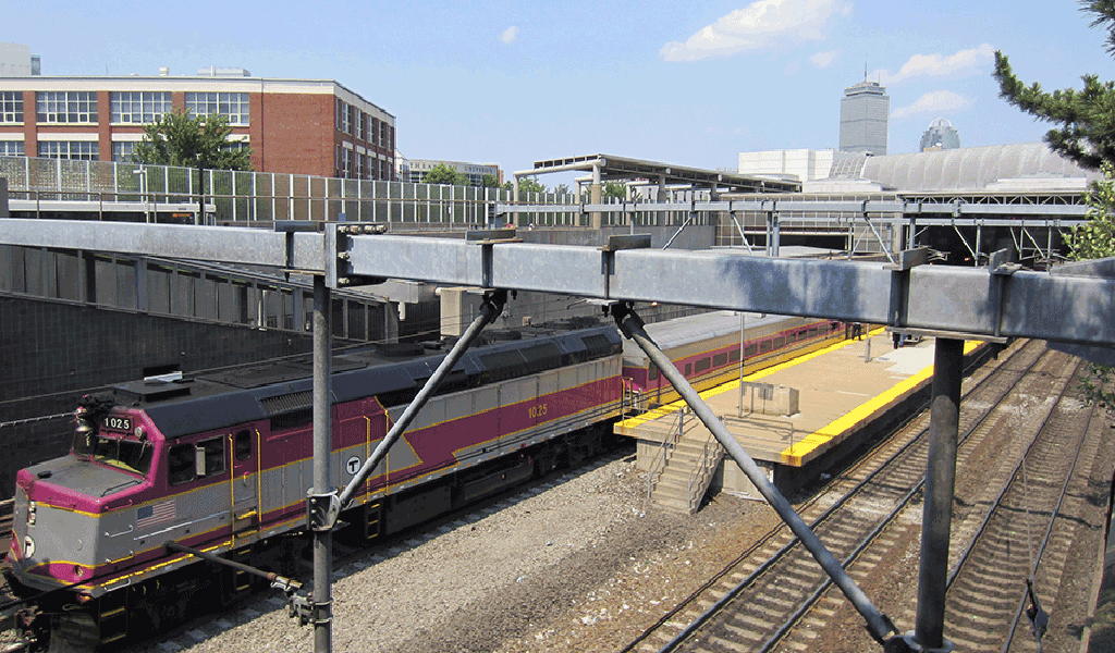 Boston’s MBTA Commuter Rail train at Ruggles Station.