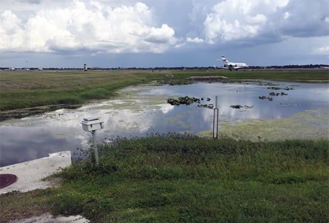 A plane sits on the runway past wetlands at Orlando Executive Airport.