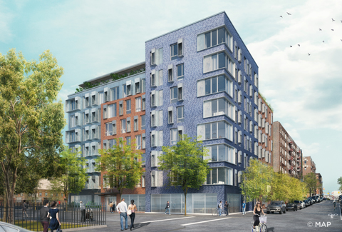 Render of an 8-story building with blue, orange, and metal façade, seen from a street corner.