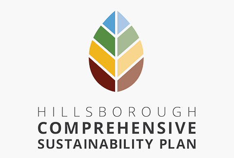 A logo for the sustainability plan that includes a multi-colored leaf and text that reads, “Hillsborough Comprehensive Sustainability Plan