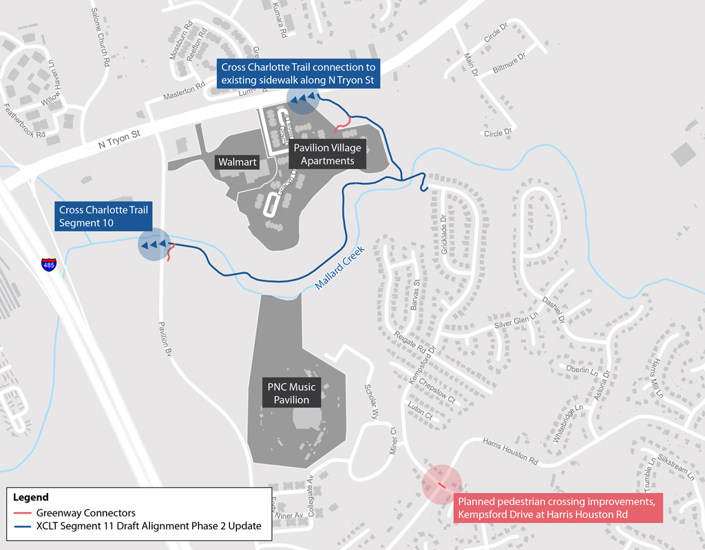 Aerial map that outlines the Cross Charlotte Trail Section 11 that begins at Pavilion Boulevard and maneuvers along Mallard Creek. 