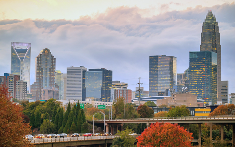 The skyline of Charlotte, North Carolina, at dusk.