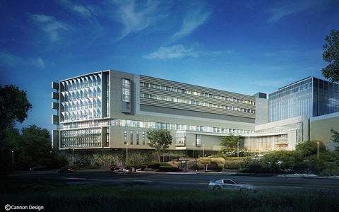 An expansion of North Shore University Hospital set against a blue sky. 