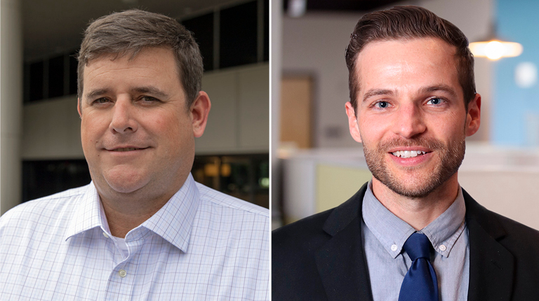 A collage of two business men smiling in an office setting.