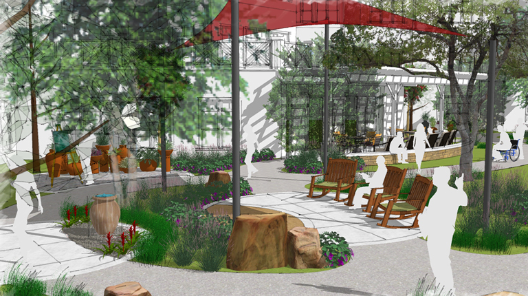 A color rendering of an outdoor garden with canopy for shade at a senior retirement community. 