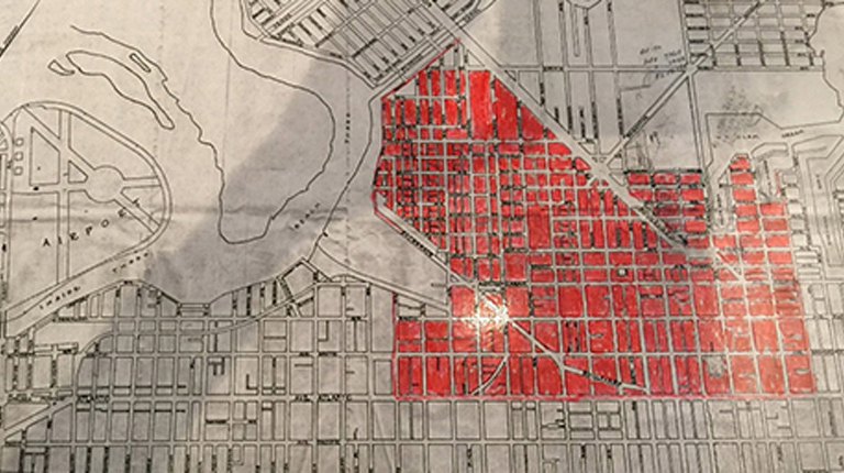 Historic map showing the Northside Neighborhood, highlighted in red.