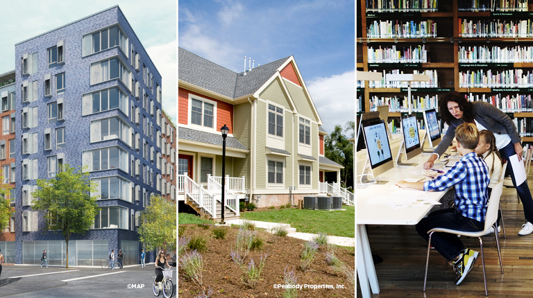 Collage of The Bryant Affordable Housing, Valley Brook Village Housing and Children sitting at desks working on computers in a library.