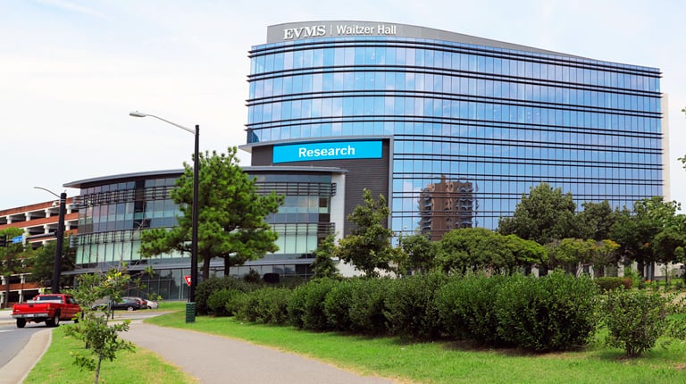 Waitzer Hall’s front facade at the entrance of the Eastern Virginia Medical Center campus