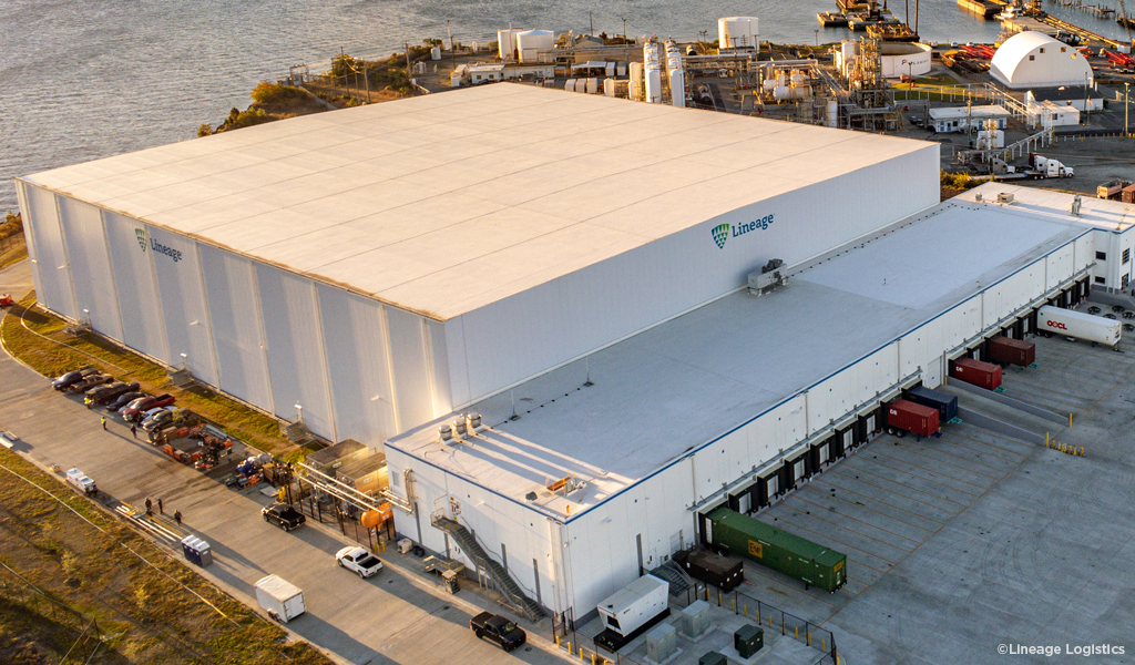 Aerial view of the Lineage Logistics industrial site adjacent to the Elizabeth River.