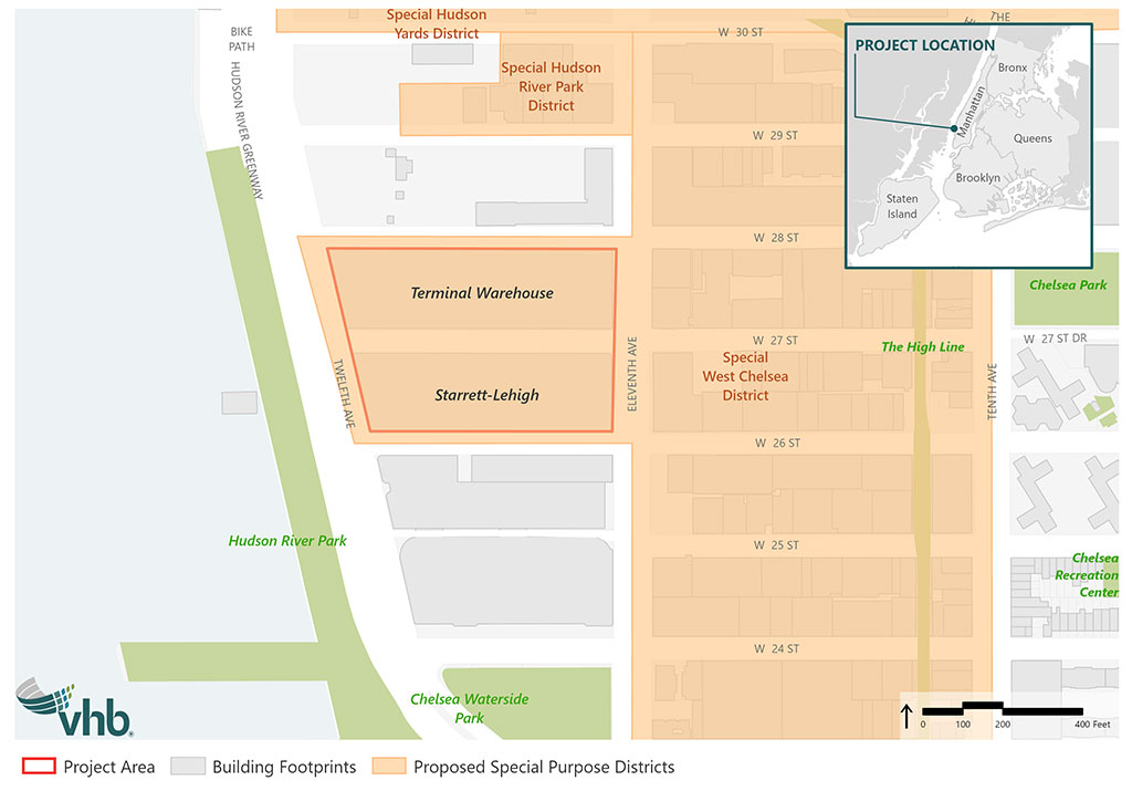 Map of site area showing the West Chelsea Historic District and the buildings’ footprints.