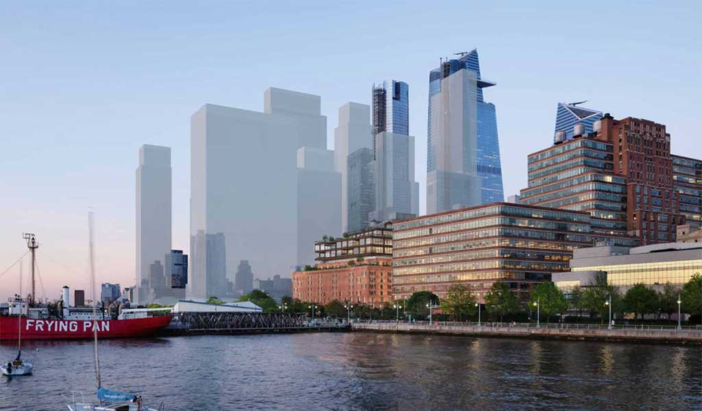 Two buildings looking over the Hudson River with skyscrapers in the background.