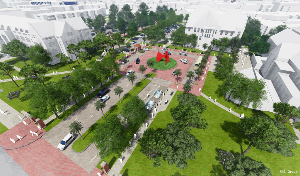 A color rendering of a vehicular and pedestrian entry plaza on a college campus with trees lining the path.