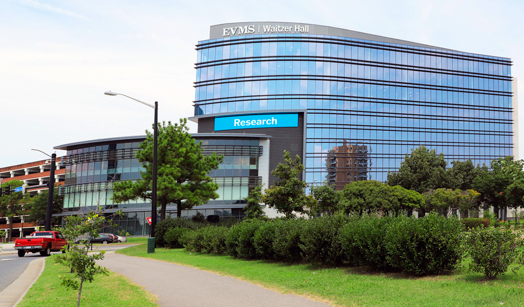 Waitzer Hall’s front facade at the entrance of the Eastern Virginia Medical Center campus