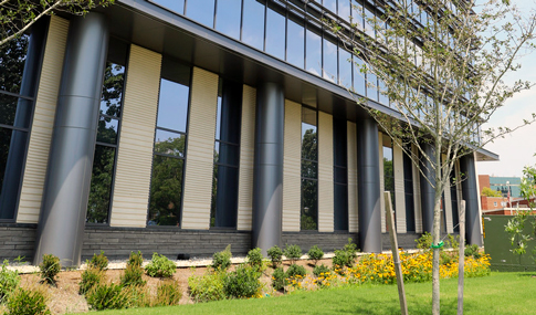 Architectural detail of Waitzer Hall’s 11-story tower