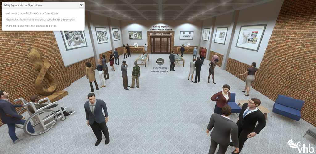 Screen capture of a virtual meeting room featuring brick walls and groups of people.