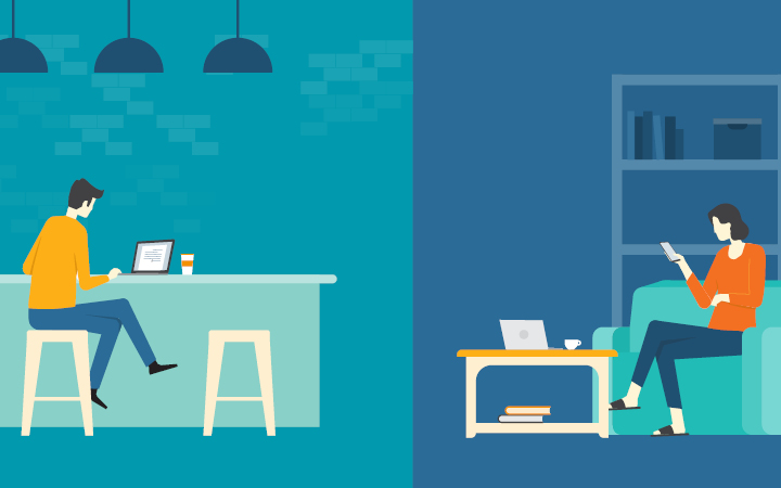 A colorful image depicting two people working from home, one at a counter and the other on a couch.