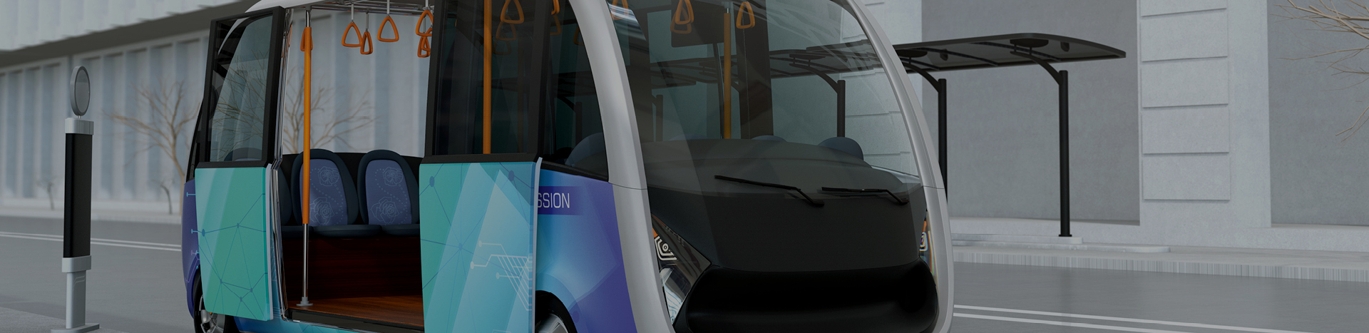 Self-driving shuttle bus waiting at bus station. The bus station equipped with solar panels for electric power.