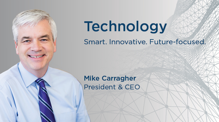 Mike Carragher with data points in the back ground and the title Technology: Smart. Innovative. Future-focsed.