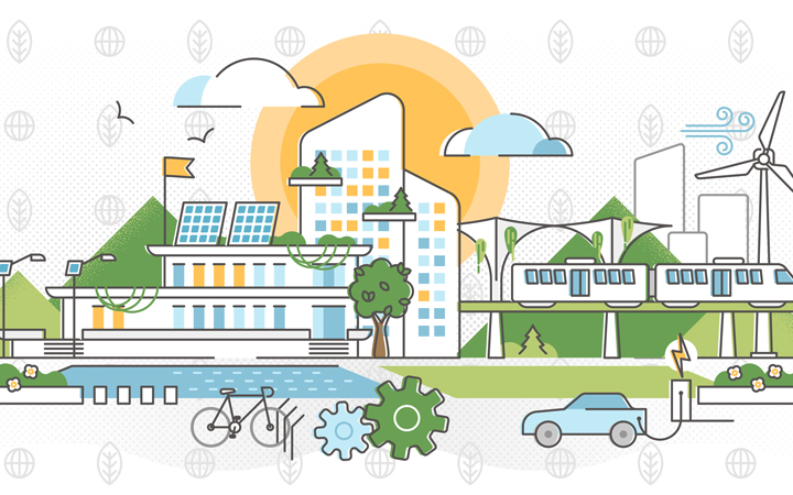 Illustration of a city and various forms of transportation including roads, bike paths, trains and energy sources including solar, wind and EV charging stations