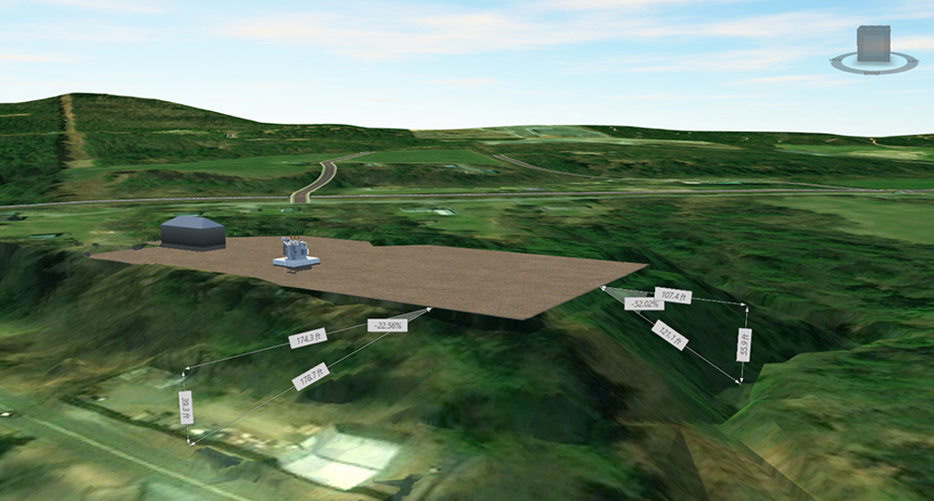 A color illustration of what an electric substation looks like using model-based design software showing the topography